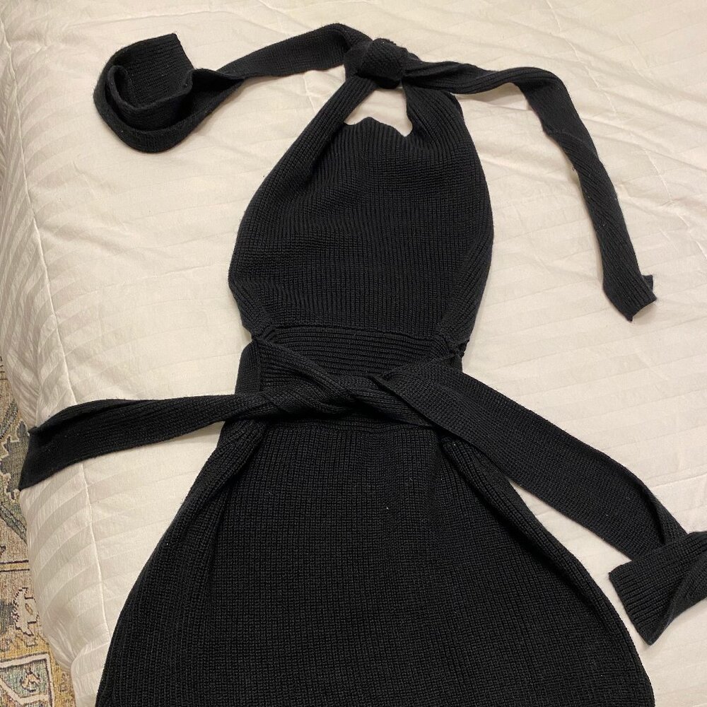 Knit black mini halter dress with ties